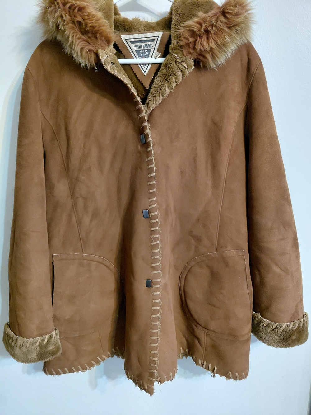 Vintage Marvin Richards Faux Suede Real Fox Fur Hooded Coat XL